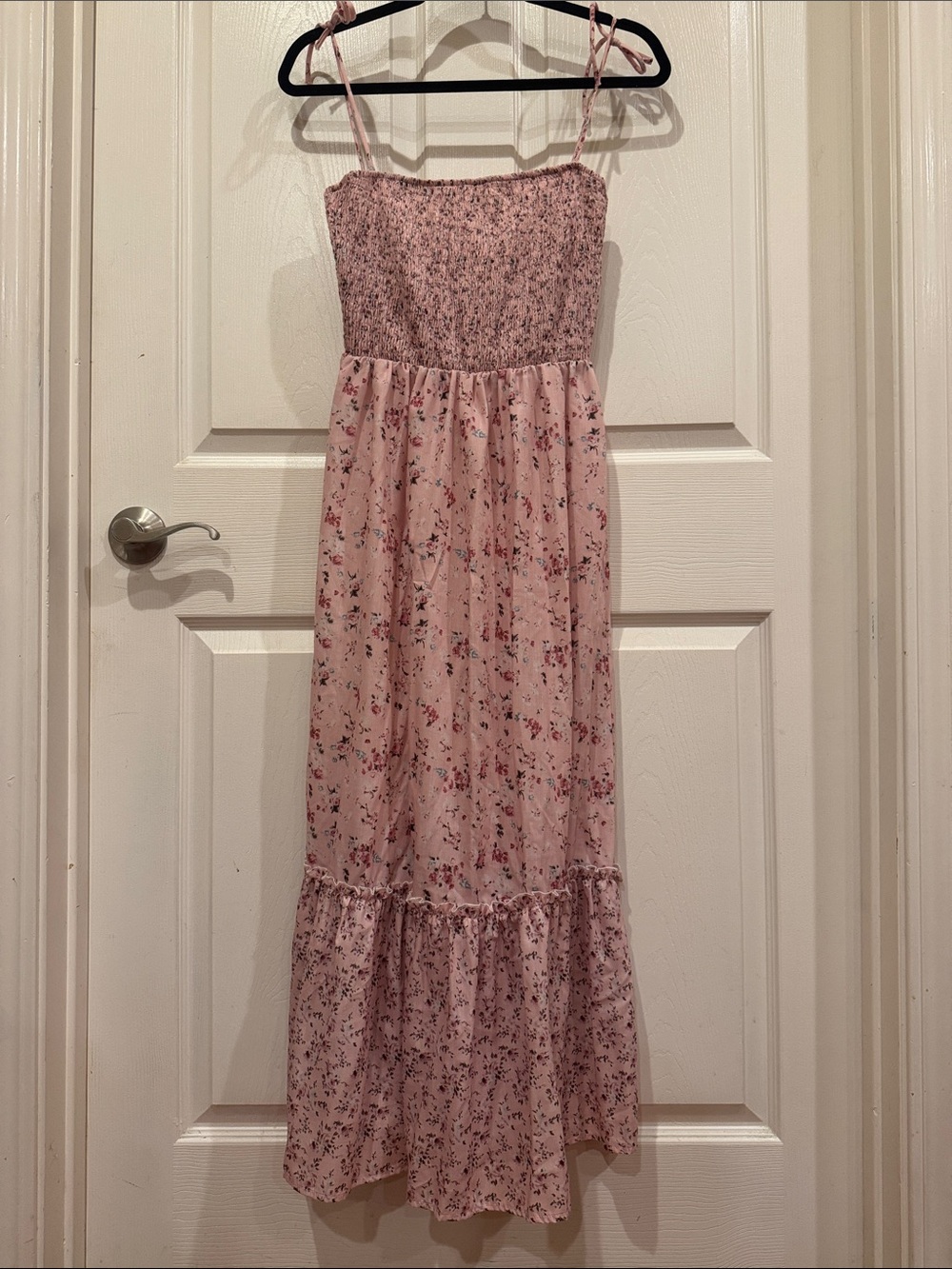 70F/ 21C Pink Floral Smocked Dress with Ruffle Hem